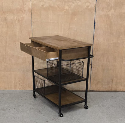 3 Tier Dark Wood / Black Metal Kitchen Trolly on Castor Wheels - 104763