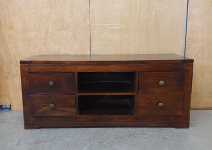 Large Dark Stained Heavy Duty Wood TV Stand with 4 Drawers and Centre Shelf - EL104592