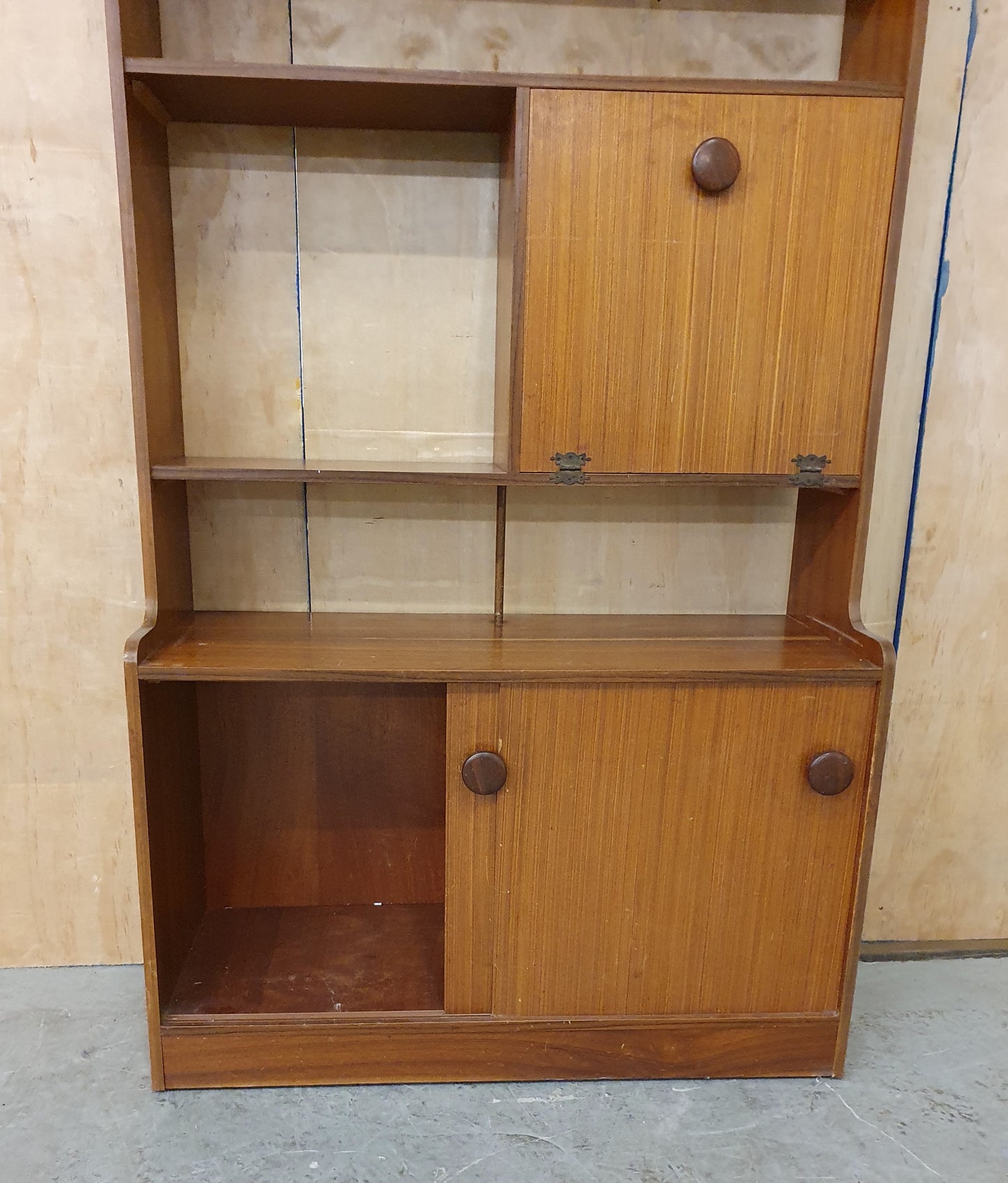 Vintage Wood Display Cabinet with Sliding Top Glass Doors Extra Storage Areas and on Wheels - 104537