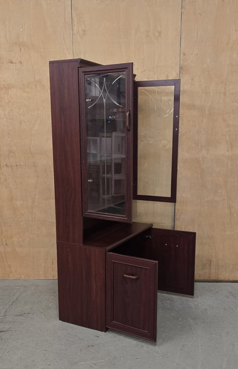 Dark Stained Wood Glass Door Cabinet in Two Sections - 104742