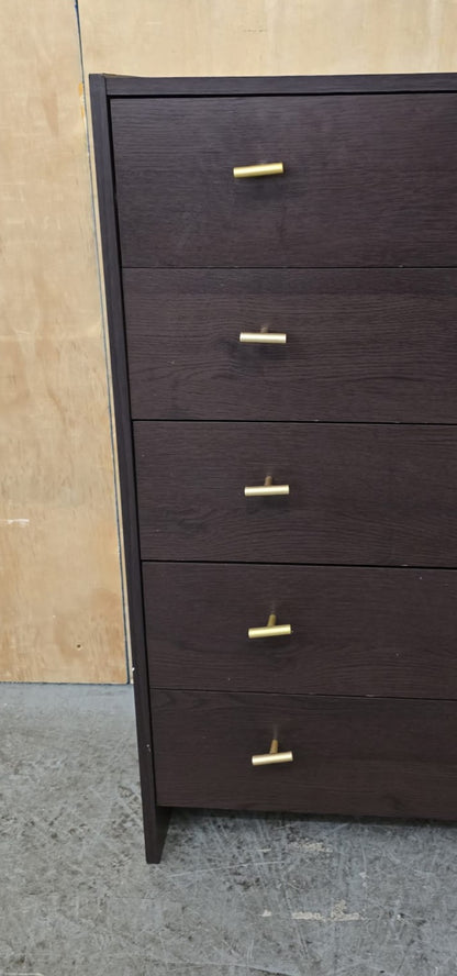 Dark Wood 5 Drawer Chest of Drawers with Gold Handles - 100925-01