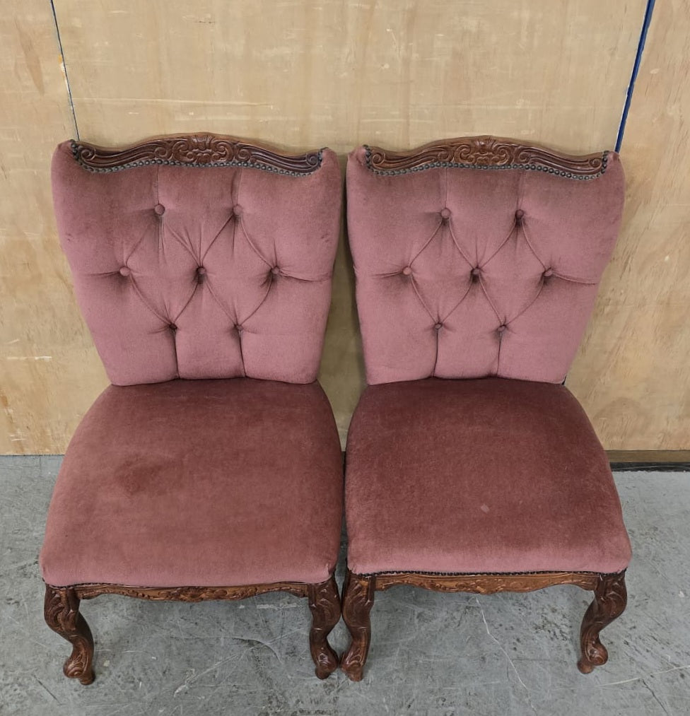 2 Matching Vintage Burgundy Velvet Slipper Chairs with Engraved Cabriole Feet - 140925-01