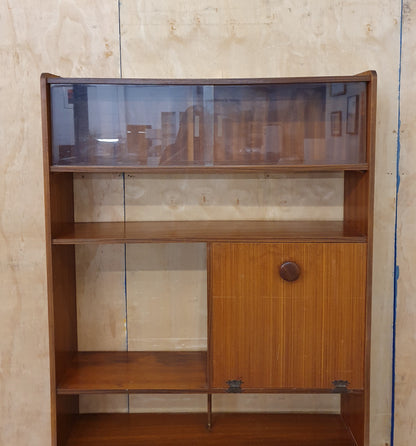 Vintage Wood Display Cabinet with Sliding Top Glass Doors Extra Storage Areas and on Wheels - 104537
