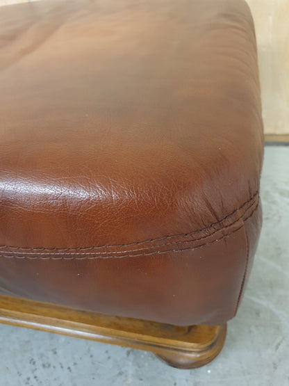 Brown Leather Footstool with Decorative Wooden Frame - 103097