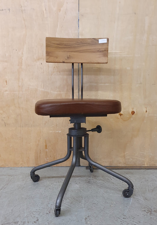 Single Metal Frame Height Adjustable Chair with Wood Back Rest and Brown Leather Seat - 103856