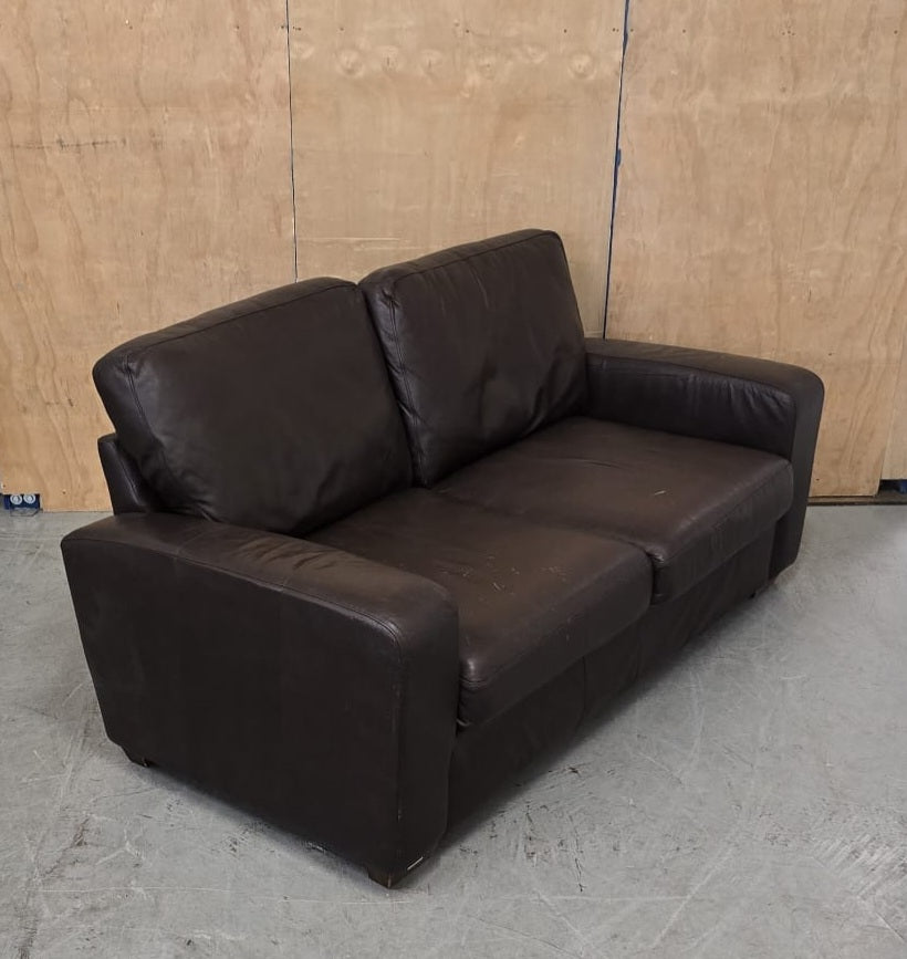 2 Seater Brown Leather Sofa with Block Wood Feet - 104702
