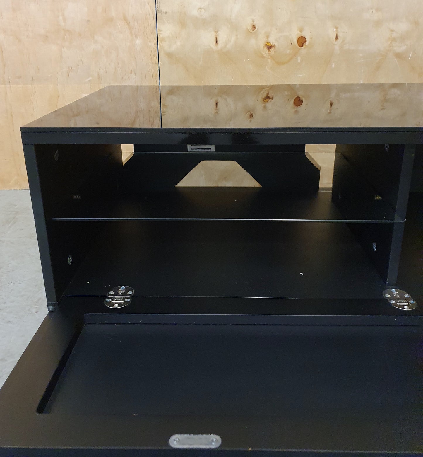 Black Glass TV Stand with Open Front and Interior Shelving - 103035