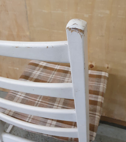 Single White Wood Dining Chair with Slatted Back Rest and Brown Check Fabric Seat Cover - EL104060