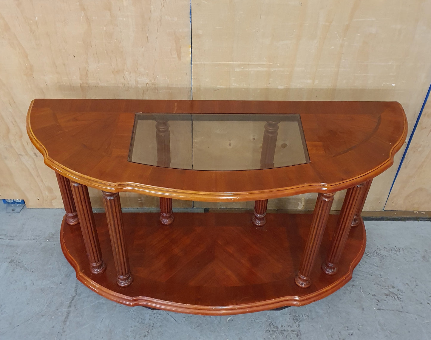 2 Tier Half Moon Varnished Wood Sideboard with Central Glass Top - EL104919