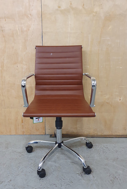 Brown Faux Leather and Chrome Office Chair on Castor Wheels - RN103156