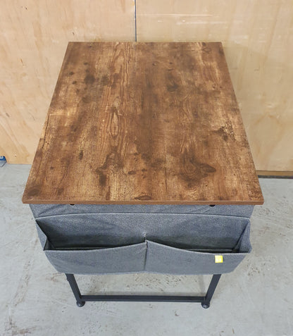 Small Dark Wood Top Desk with Black Metal Frame and Canvas Side Pouches - 104122