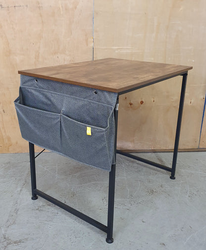 Small Dark Wood Top Desk with Black Metal Frame and Canvas Side Pouches - 104122