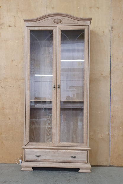 Large Wood Glass Door Cabinet with Bottom Drawer and 2 Interior Glass Shelves - 104708