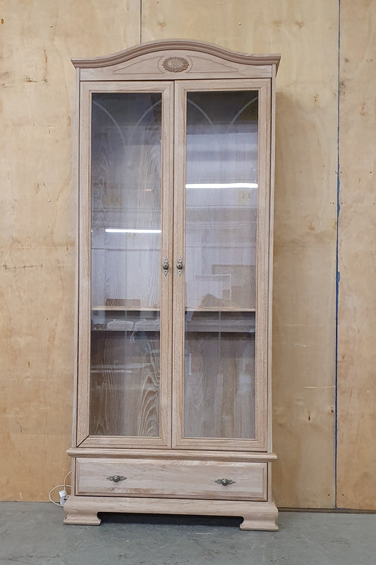 Large Wood Glass Door Cabinet with Bottom Drawer and 2 Interior Glass Shelves - 104708