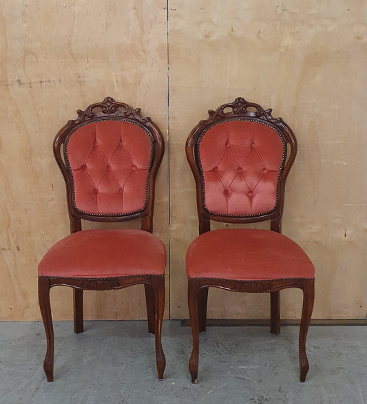 2 Matching Dark Pink Velvet Vintage Chairs with Deep Buttoned Backs and Decorative Top Edge - 104389 / 104390