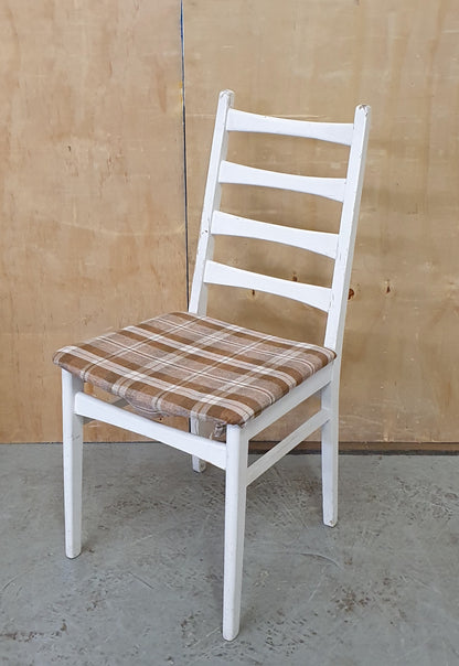 Single White Wood Dining Chair with Slatted Back Rest and Brown Check Fabric Seat Cover - EL104060