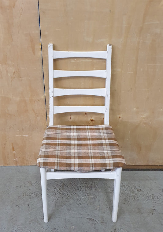 Single White Wood Dining Chair with Slatted Back Rest and Brown Check Fabric Seat Cover - EL104060