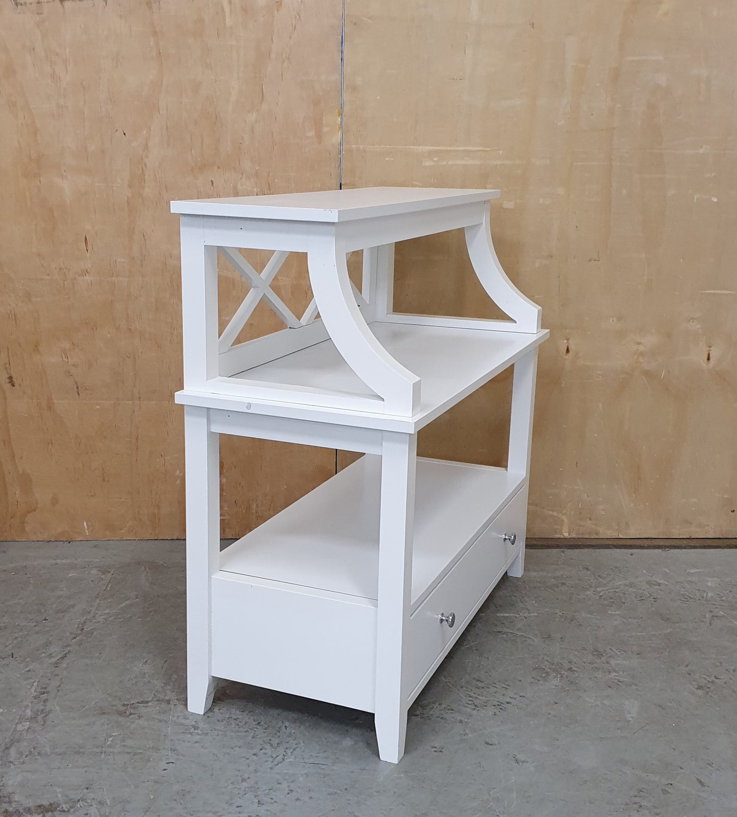 Small White Wood 2 tier Cabinet with 1 Drawer and Criss-Cross Back - 130825-07