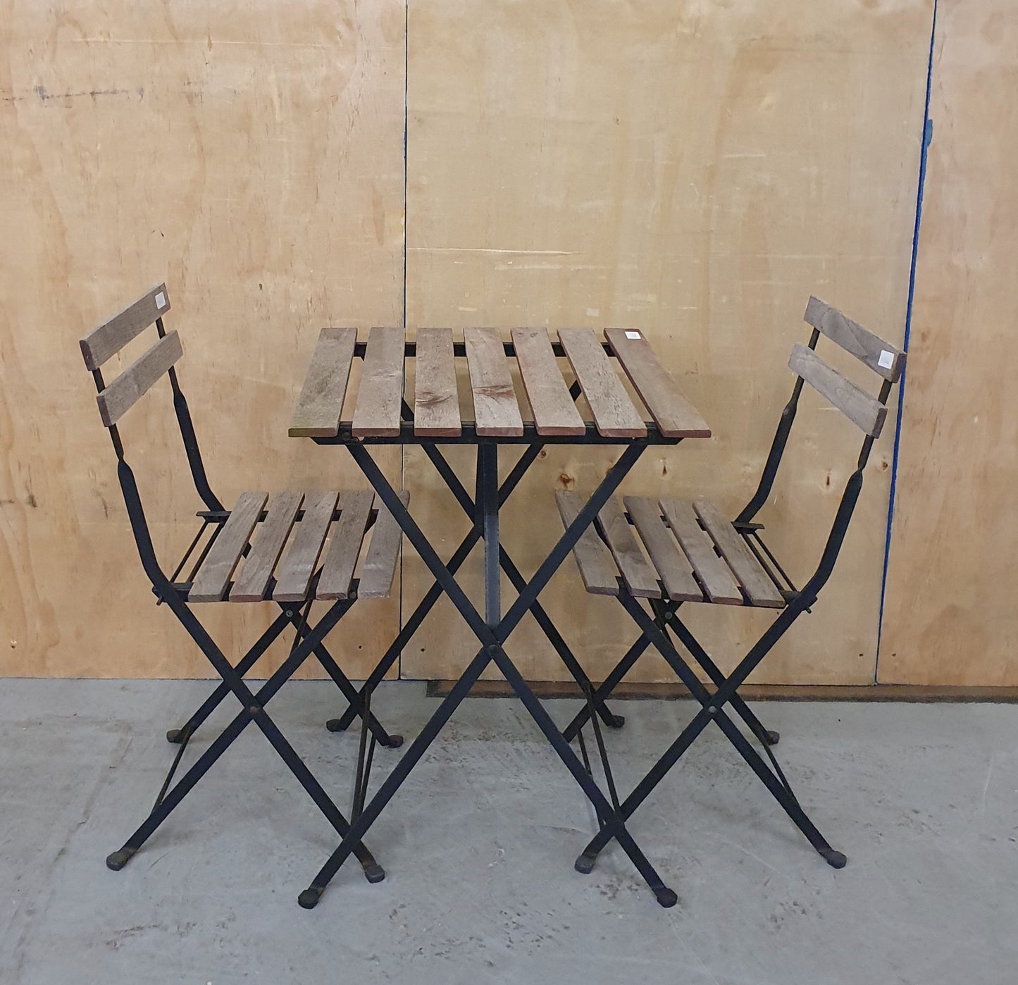 Wooden Slatted Garden Table and 2 Folding Chairs with Black Metal Frame - 103060/103061/103062