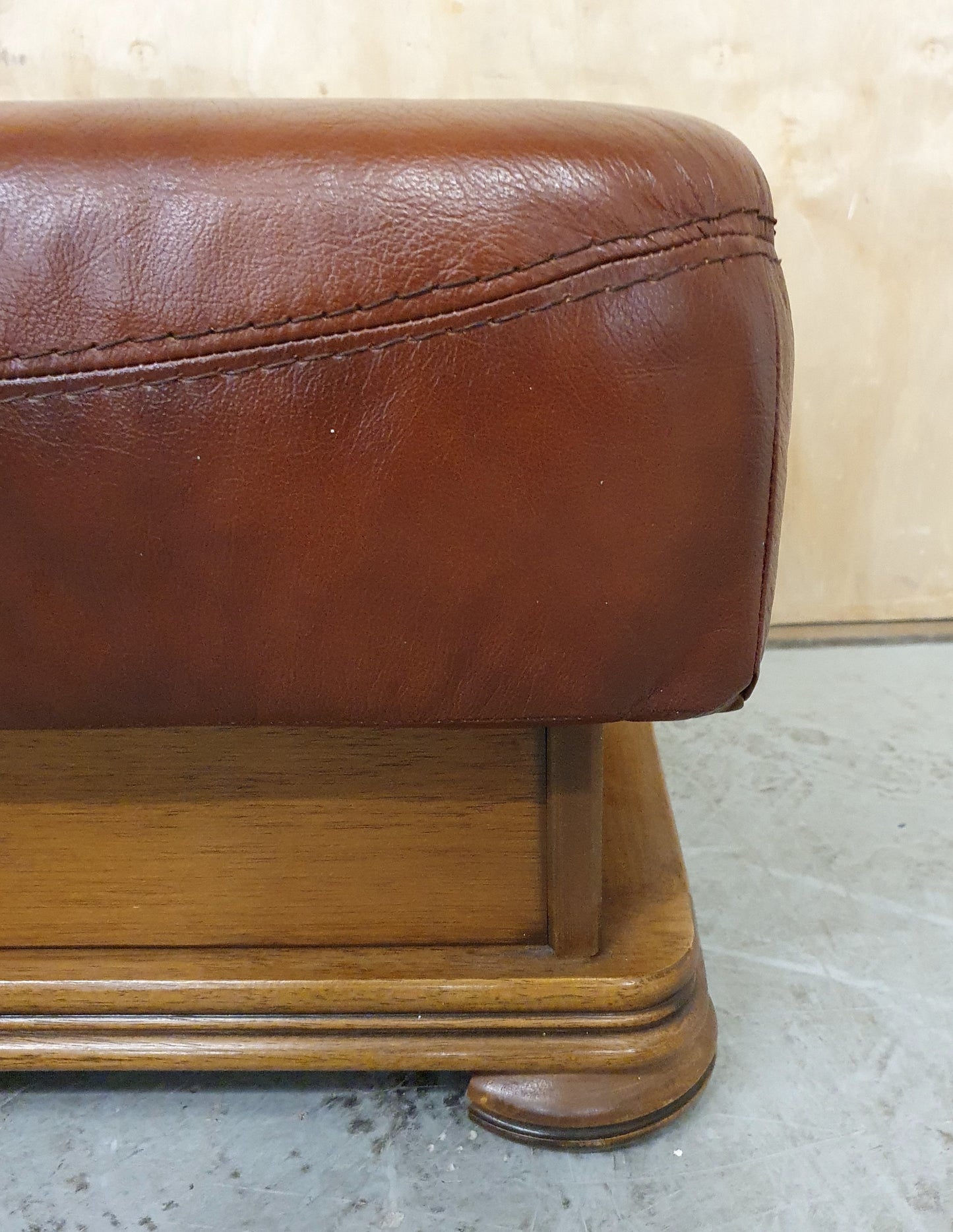 Brown Leather Footstool with Decorative Wooden Frame - 103097