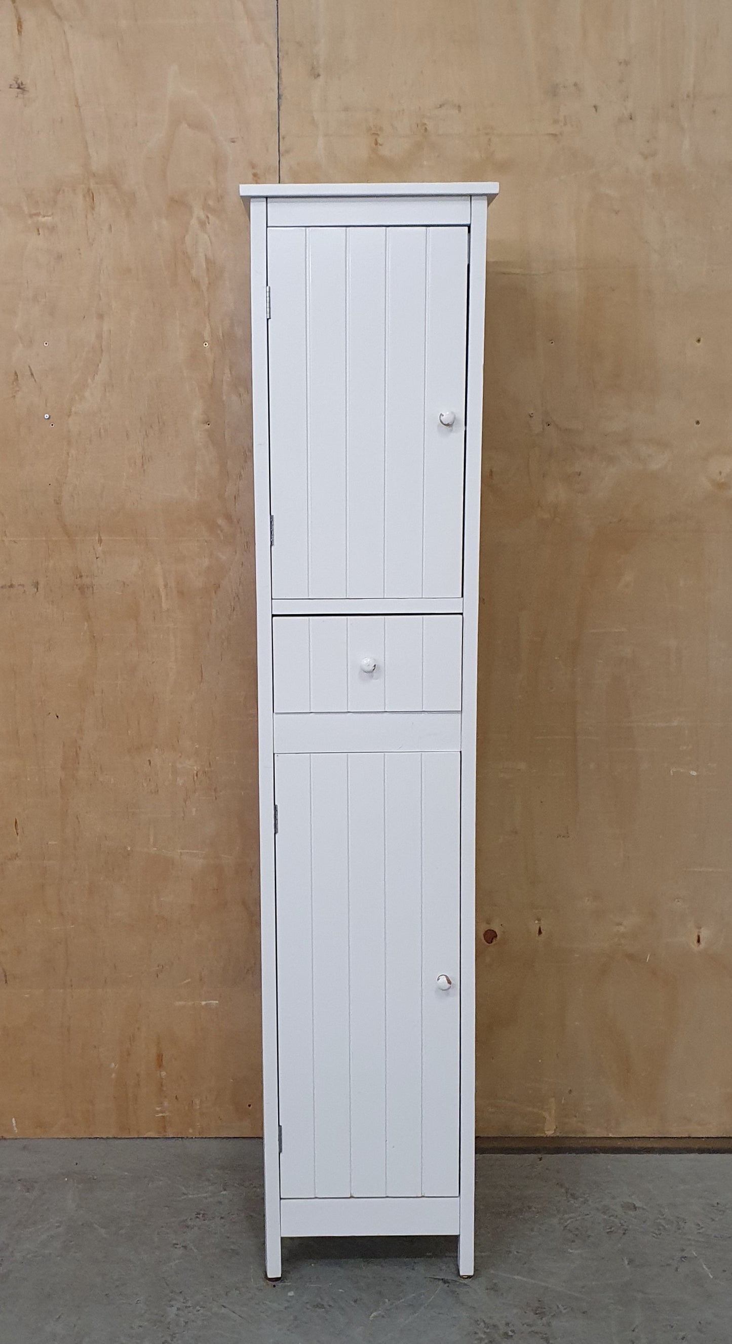 Tall White Wood Cabinet with 2 Doors and 1 Central Drawer - 270925-01
