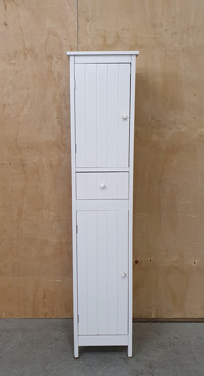 Tall White Wood Cabinet with 2 Doors and 1 Central Drawer - 270925-01