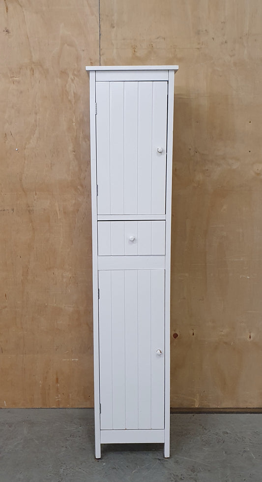 Tall White Wood Cabinet with 2 Doors and 1 Central Drawer - 270925-01