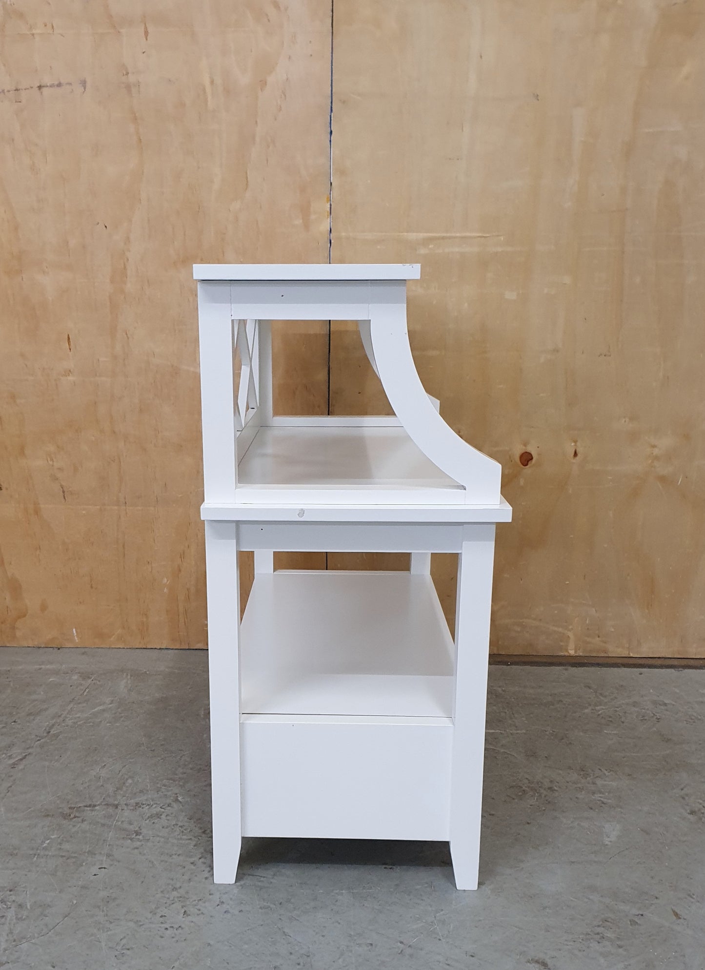 Small White Wood 2 tier Cabinet with 1 Drawer and Criss-Cross Back - 130825-07