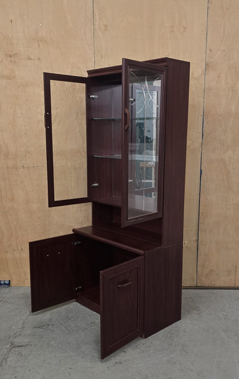 Dark Stained Wood Glass Door Cabinet in Two Sections - 104742