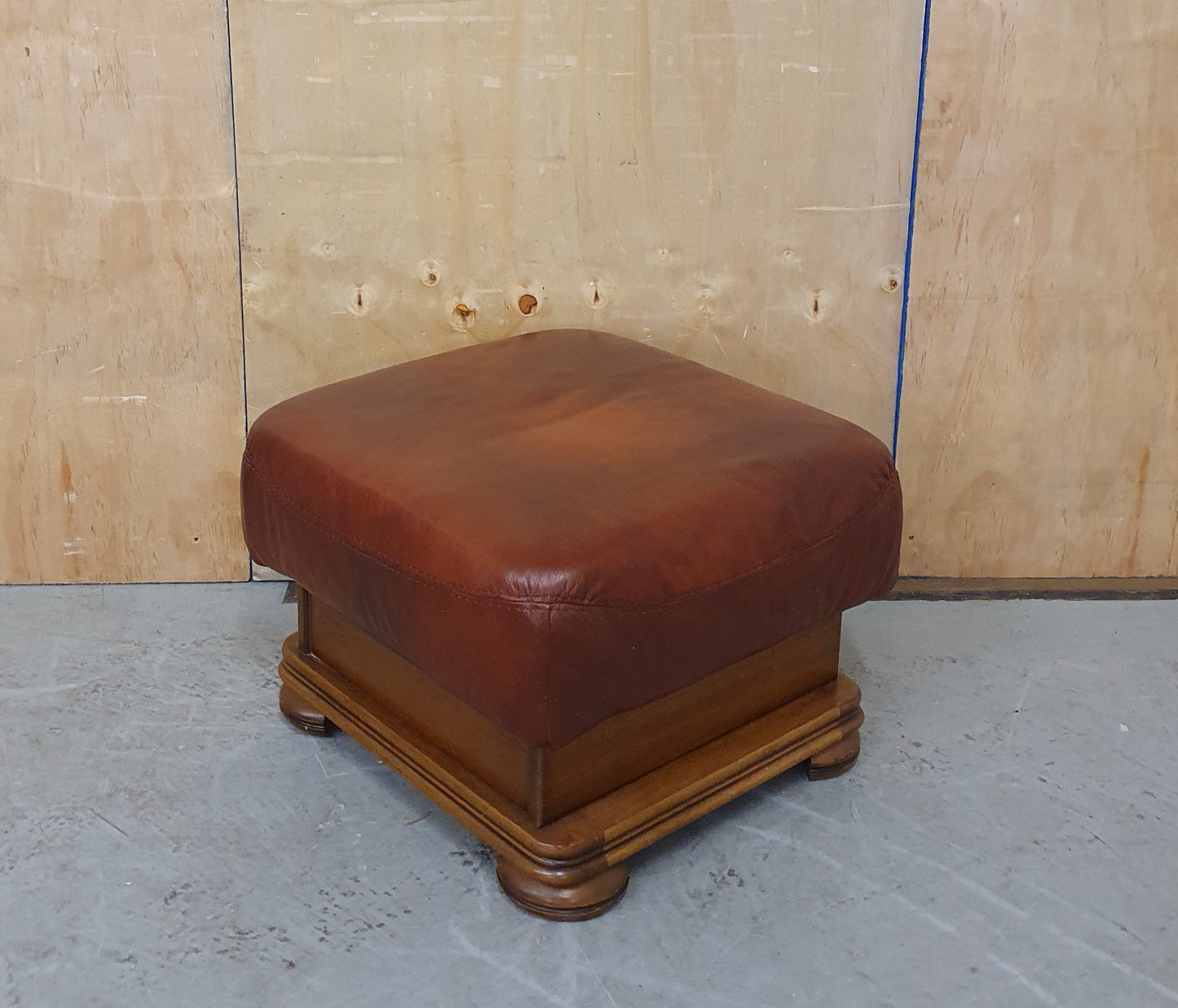 Brown Leather Footstool with Decorative Wooden Frame - 103097