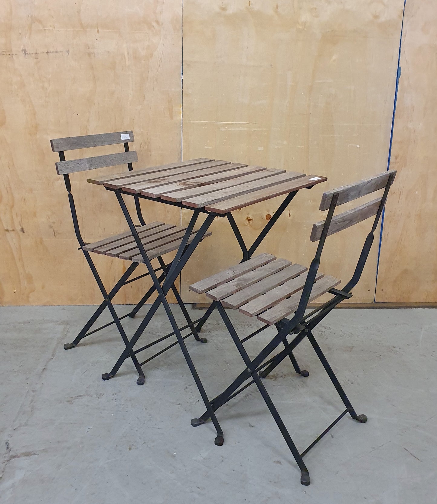 Wooden Slatted Garden Table and 2 Folding Chairs with Black Metal Frame - 103060/103061/103062