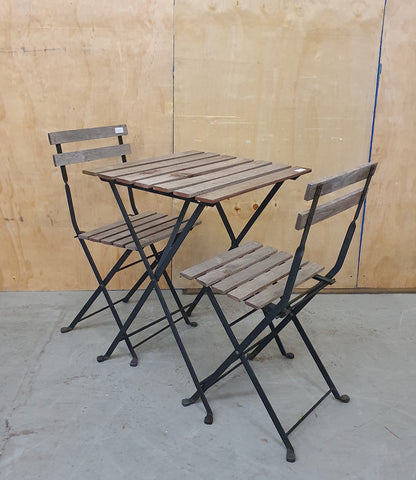 Wooden Slatted Garden Table and 2 Folding Chairs with Black Metal Frame - 103060/103061/103062