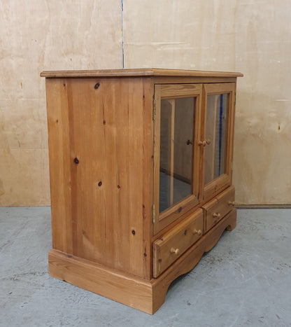 Small Glass Door Pine Cabinet with Drawers and Built In CD Racks - EL104074