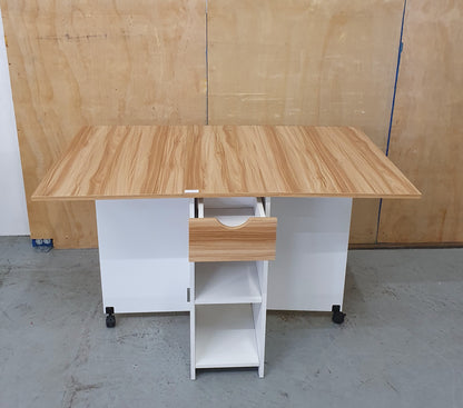 White Wood Drop Leaf Table with Lover Shelving and Castor Wheels - 103780