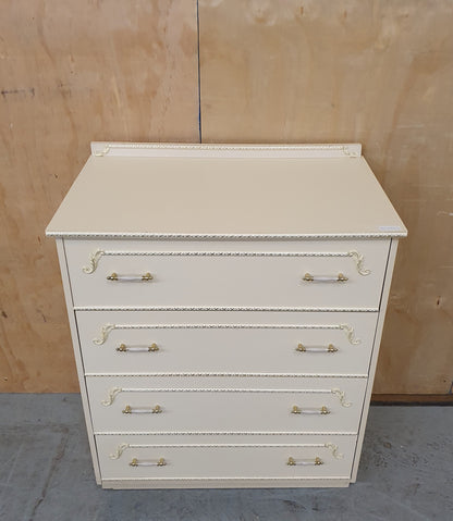 Cream Vintage 4 Drawer Chest of Drawers with Gold Detailing on Drawers and Top Edge - EL103122