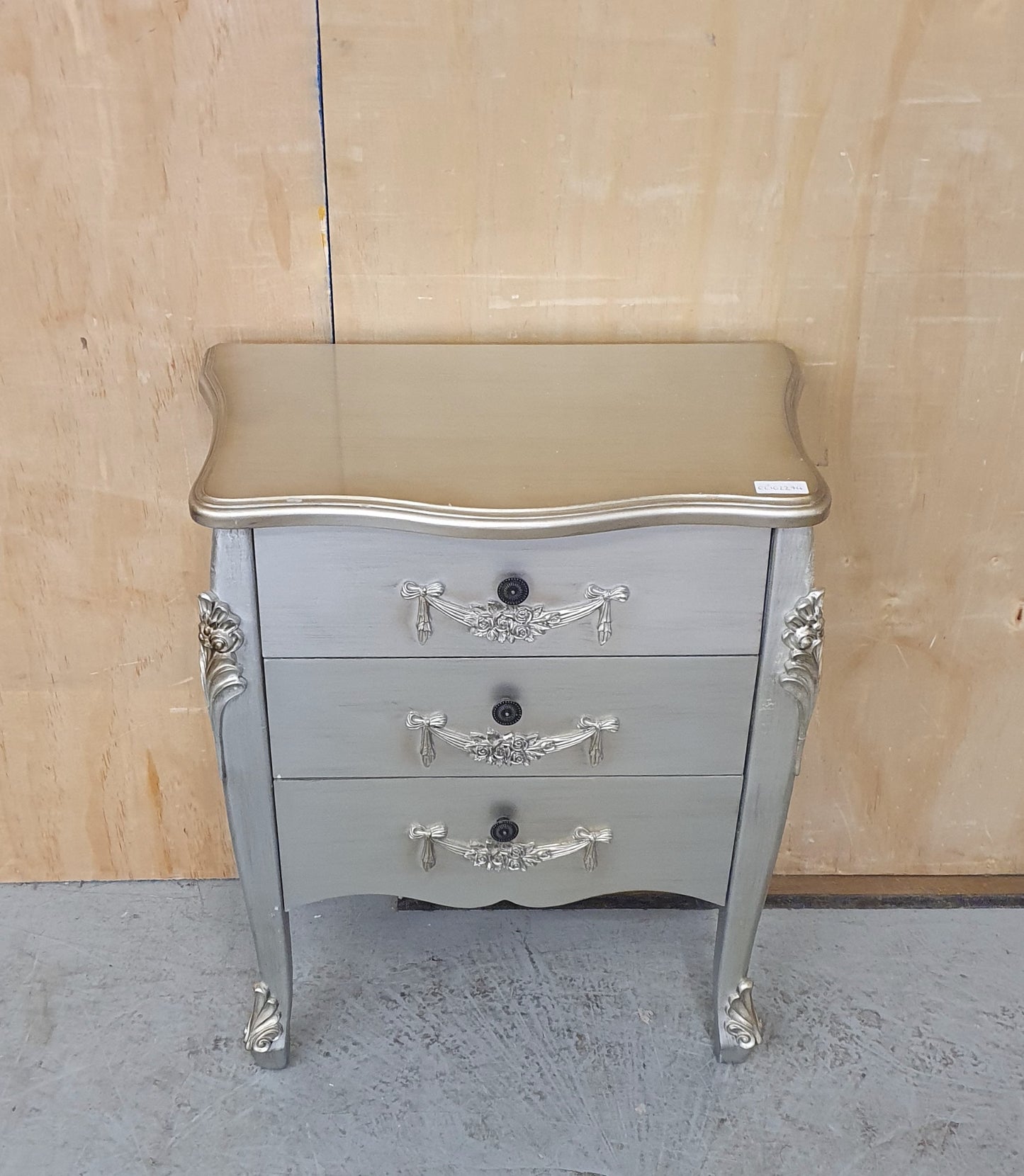 3 Drawer Small Silver Wooden Chest of Drawers on Legs with Decorative Detail on Drawers and Sides - EL102274