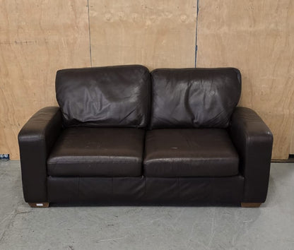 2 Seater Brown Leather Sofa with Block Wood Feet - 104702
