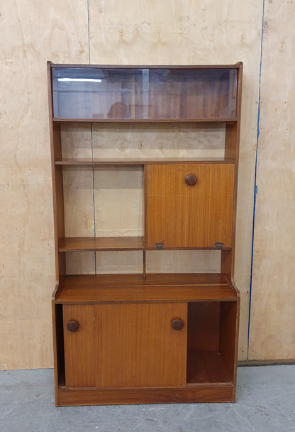 Vintage Wood Display Cabinet with Sliding Top Glass Doors Extra Storage Areas and on Wheels - 104537