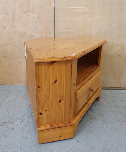 DUCAL Pine Corner TV Stand with Green Velvet Lined Drawer and Central Shelf - EL104071