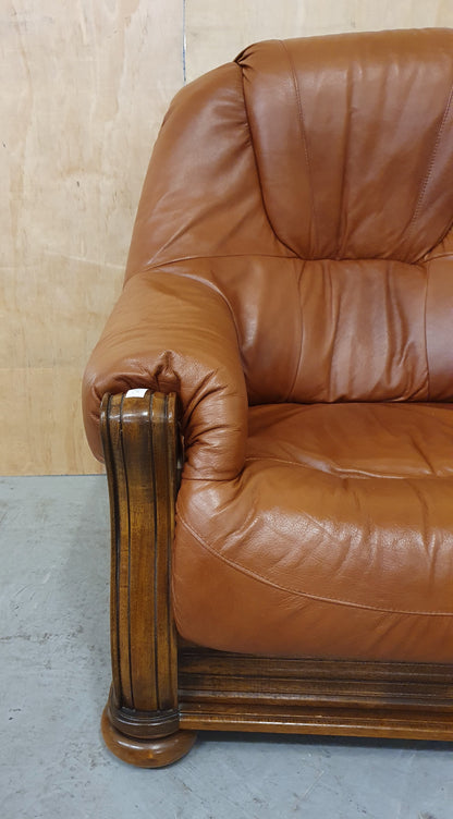 Brown Leather Armchair with Decorative Wooden Frame - 103095