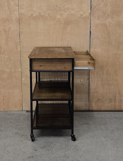 3 Tier Dark Wood / Black Metal Kitchen Trolly on Castor Wheels - 104763