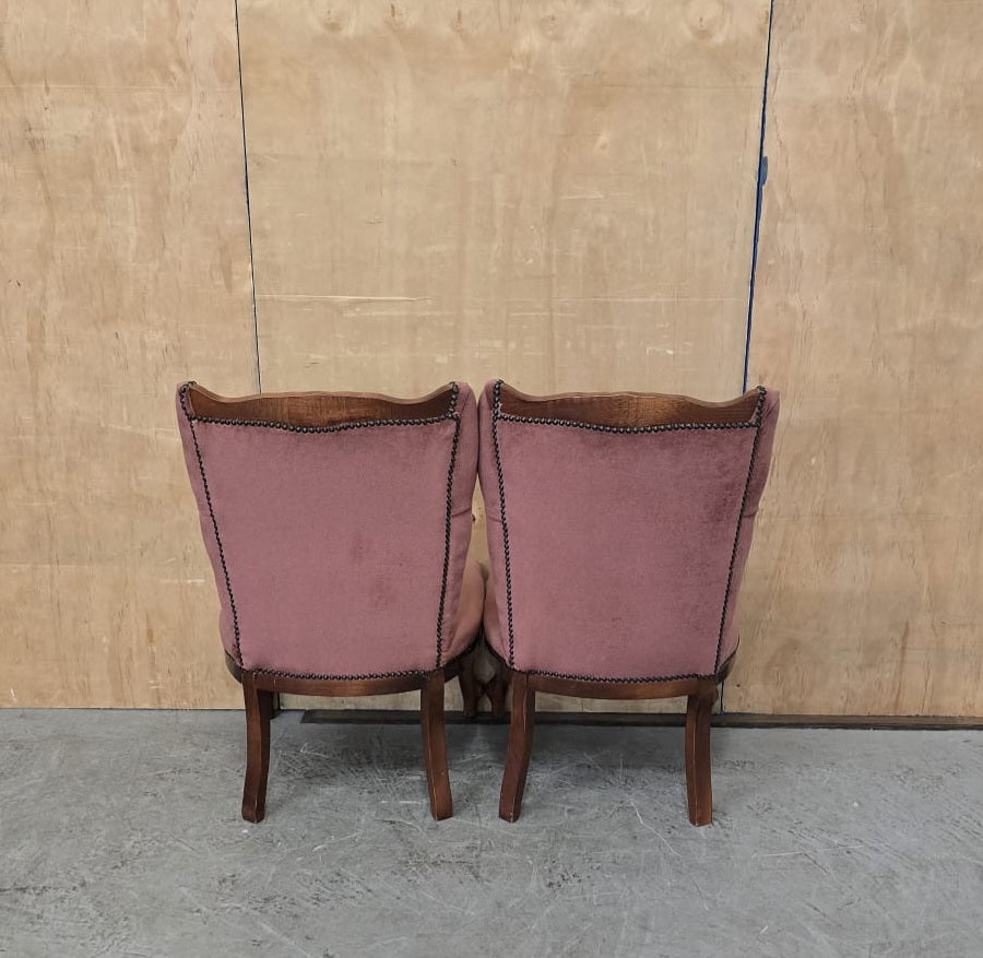 2 Matching Vintage Burgundy Velvet Slipper Chairs with Engraved Cabriole Feet - 140925-01