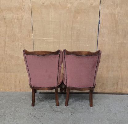 2 Matching Vintage Burgundy Velvet Slipper Chairs with Engraved Cabriole Feet - 140925-01