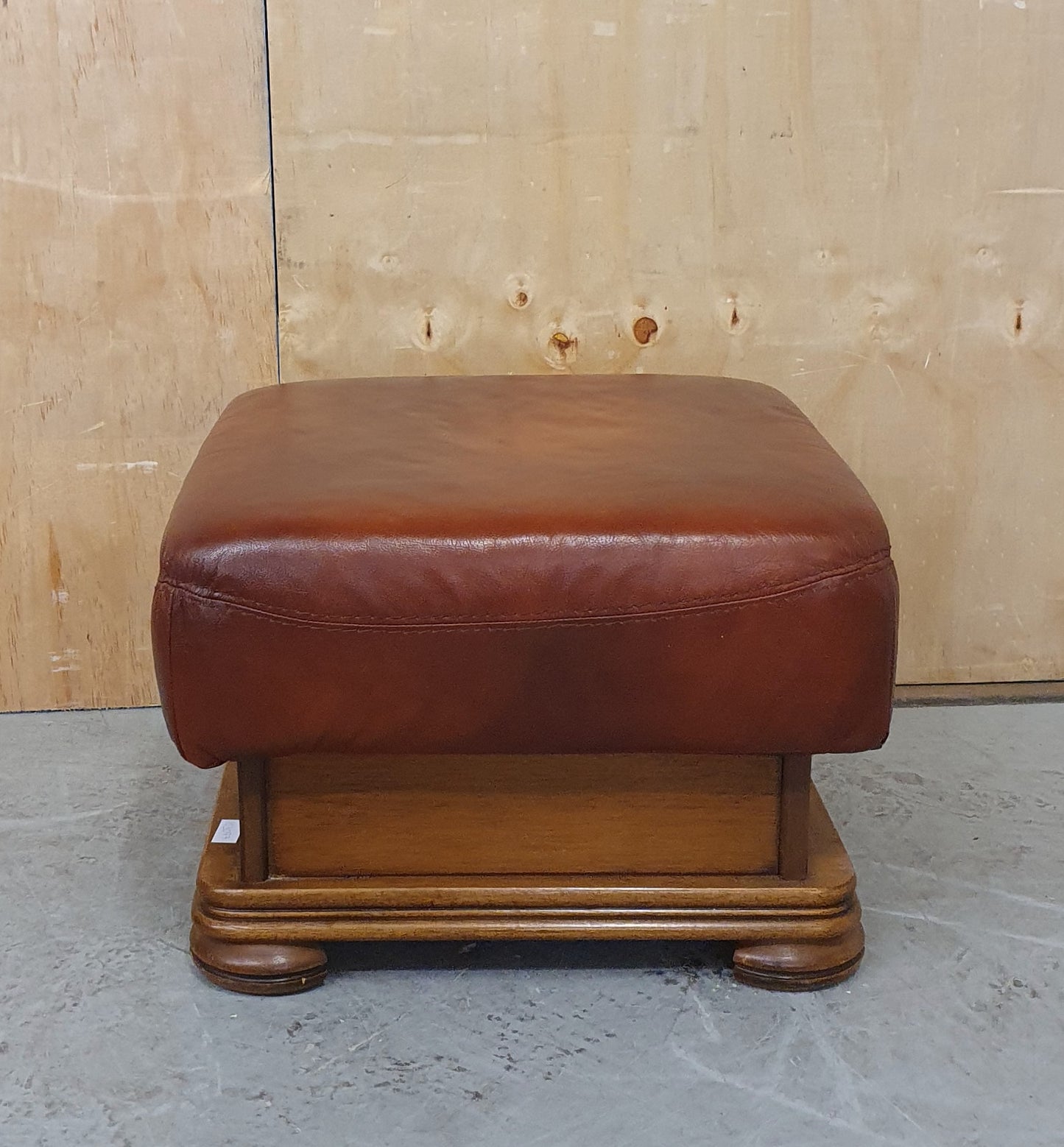 Brown Leather Footstool with Decorative Wooden Frame - 103097