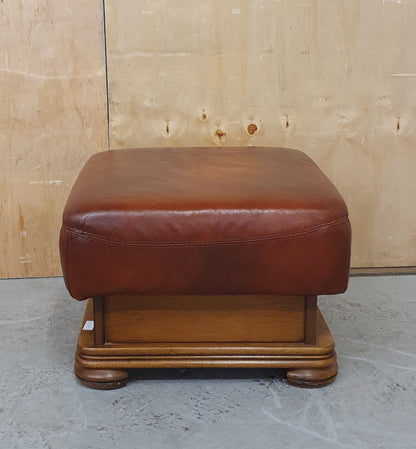 Brown Leather Footstool with Decorative Wooden Frame - 103097