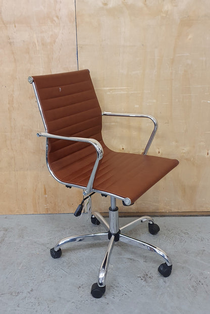 Brown Faux Leather and Chrome Office Chair on Castor Wheels - RN103156