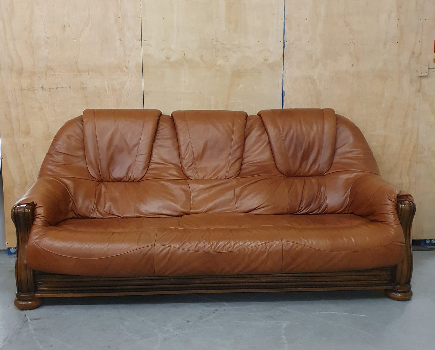 Brown Leather 3 Seater Sofa with Decorative Wooden Frame- 103094