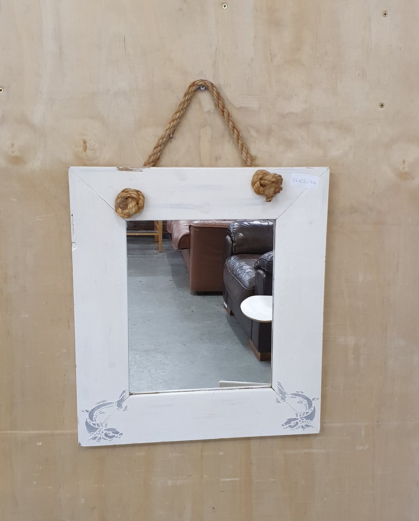 Small Mirror with Rope for Hanging and Silver Fish Stencil Front - EL102174