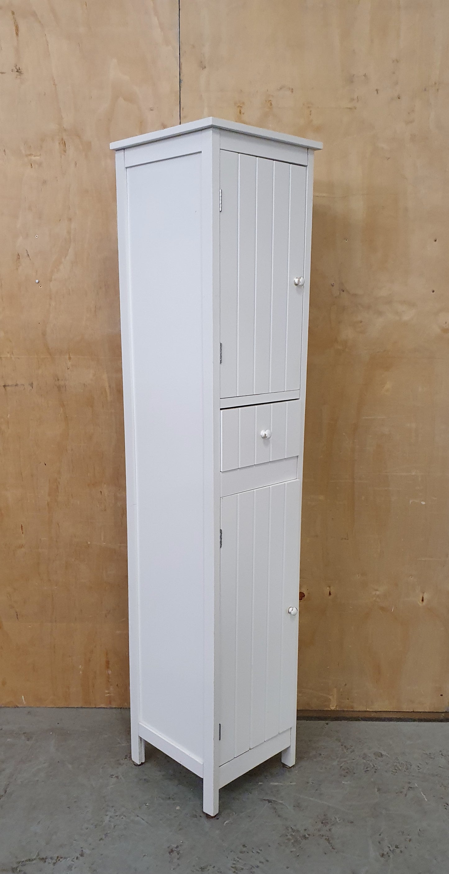 Tall White Wood Cabinet with 2 Doors and 1 Central Drawer - 270925-01