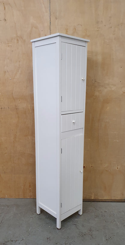 Tall White Wood Cabinet with 2 Doors and 1 Central Drawer - 270925-01